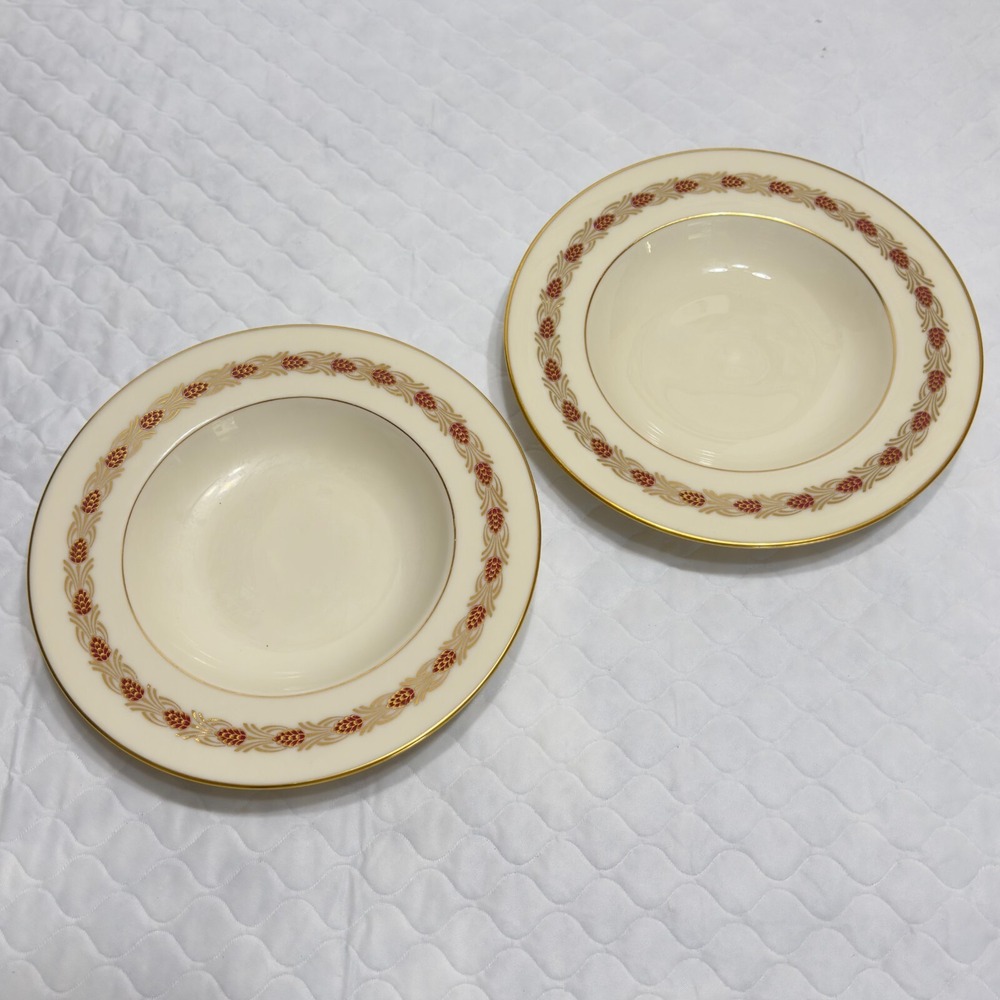 Set 2 Lenox Pinehurst Maroon Flat Rim Soup Bowls 8 3/16" USA 0407R Pinecones